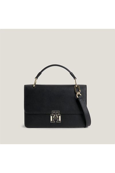 Tommy Hilfiger Black Leather Brand Logo Zippered Women's Shoulder Bag - Daily Use AW0AW15228-BDS