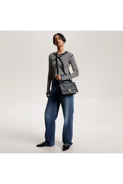 Tommy Hilfiger Black Leather Brand Logo Zippered Women's Shoulder Bag - Daily Use AW0AW15228-BDS
