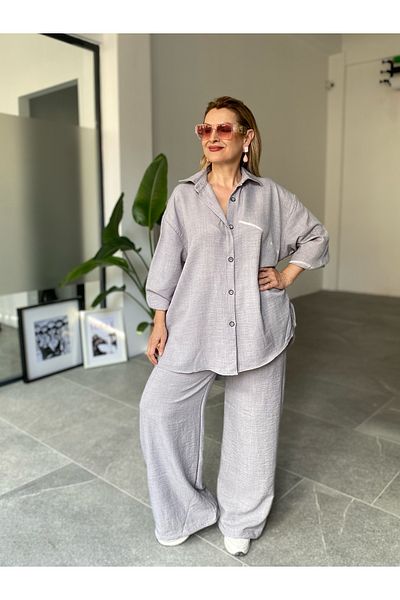 MAABMODA Women's Gray Suit Linen Shirt Pants Double Suit