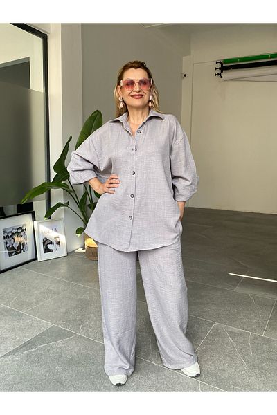 MAABMODA Women's Gray Suit Linen Shirt Pants Double Suit