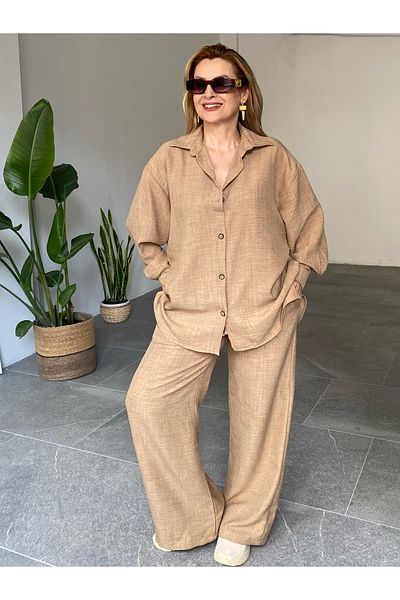 MAABMODA WOMEN'S EARTH-COLORED SUIT LINEN SHIRT TROUSERS TWO-PIECE SUIT
