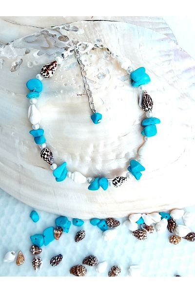 By Song Aksesuar Blue turquoise natural stone shell anklets