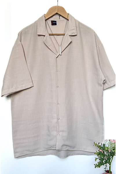 MİRMARONİ Ανδρικό καλοκαιρινό πουκάμισο από λινό βαμβακερό υπερμεγέθη - Oversize, κοντό μανίκι