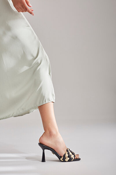 AYAKKABI PRENSİ Aksum Black Gold 8 cm Women's Slippers, Heeled Slippers