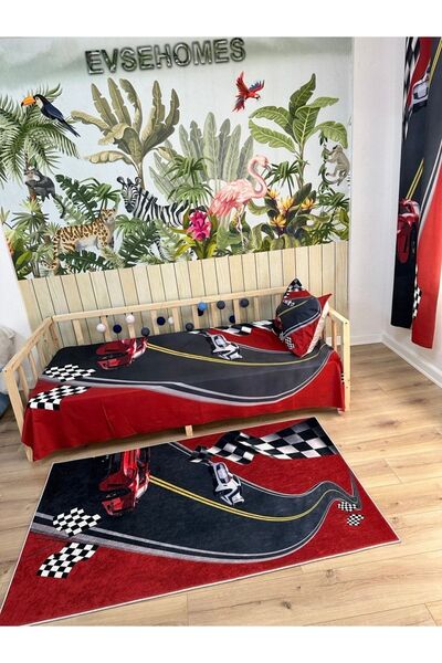 EVSEHOMES Yarış Arabası Çocuk Odası Takım (fon Perde- Yatak Örtüsü Ve Yastık ...