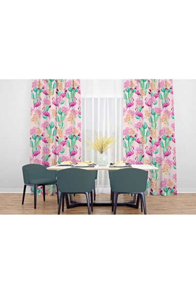 EVSEHOMES DİJİTAL BASKI PEMBE FLAMİNGO VE KAKTÜSLER TEK KANAT FON PERDE