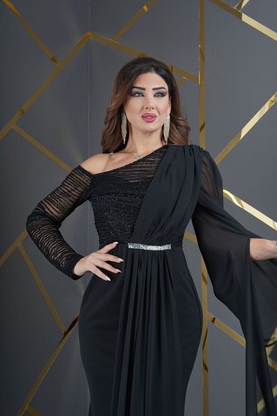 Matik Abiyem Scuba Crepe Chiffon Glittery Flocking Design Βραδινό φόρεμα με μακρύ φόρεμα με έναν ώμο