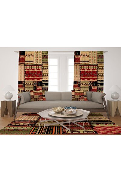 EVSEHOMES Filli Etnik Salon Fon Perde ve Kırlent