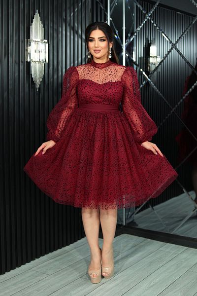 Matik Abiyem Black Tulle Patterned - Transparent Sleeve and Belt Short Evening Dress