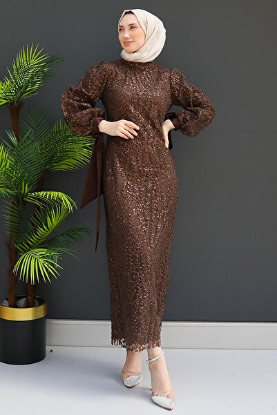 GİZ AGİYİM Bitter Brown Tulle Embroidered Pencil Evening Dress