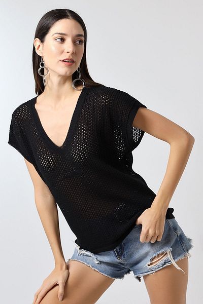 Devinka Tricou de damă oversize, ajurat, cu decolteu în V, confortabil, negru