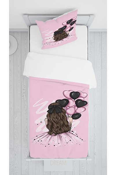 EVSEHOMES Pembe Balonlu Kız Yatak Örtüsü Ve Yastık Kılıfı