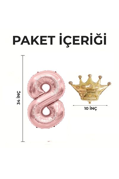 Konsept Sepeti Σετ γενεθλίων 8 ετών Rose Gold - King Crown με μπαλόνι και δώρο κεφαλόδεσμο