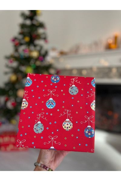 eylülün etiket fabrikası Gift Wrapping Paper - 5 M. New Year's Pattern with Red Background - New Year's Eve Christmas New Year Wrapping Paper