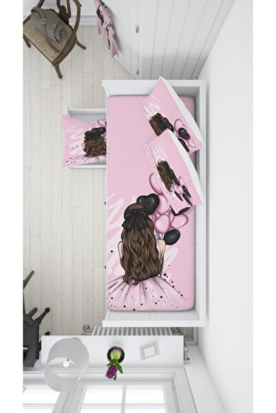 EVSEHOMES Pembe Balonlu Kız Yatak Örtüsü Ve Yastık Kılıfı