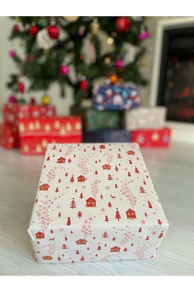 eylülün etiket fabrikası Gift Wrapping Paper - 5 M. Red Pattern with White Background - New Year Christmas New Year Wrapping Paper