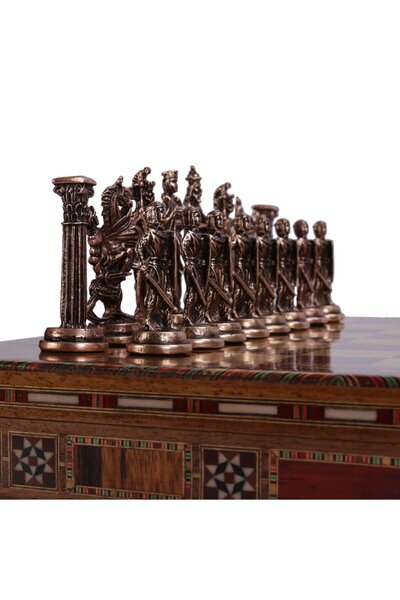 Gift Home İngiliz Antik Bakır Satranç Taşları Ve Masif Ahşap Sandıklı Satranç Tahtası