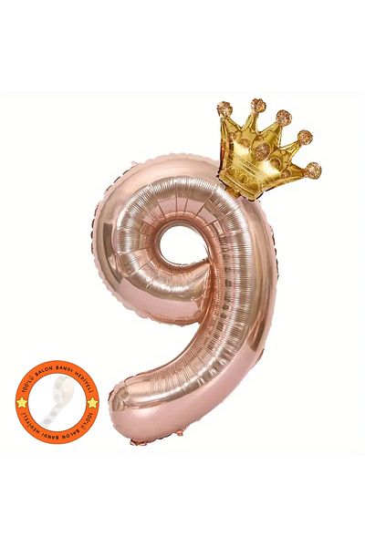 Konsept Sepeti Σετ γενεθλίων 9 ετών Rose Gold - King Crown με μπαλόνια και δώρο κεφαλόδεσμο
