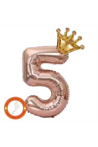 Konsept Sepeti 5 Years Old Rose Gold Birthday Set - King Crown with Balloons and Gift Headband