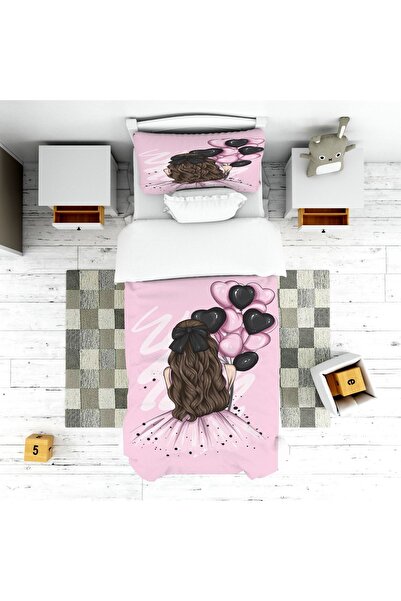 EVSEHOMES Pembe Balonlu Kız Yatak Örtüsü Ve Yastık Kılıfı