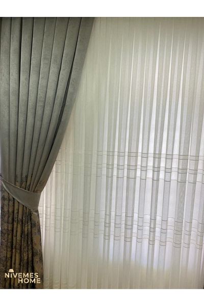 NİVEMESHOME Knitted Tulle Curtain - Middle Belt and Mesh