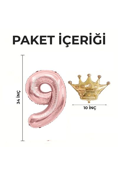 Konsept Sepeti Σετ γενεθλίων 9 ετών Rose Gold - King Crown με μπαλόνια και δώρο κεφαλόδεσμο