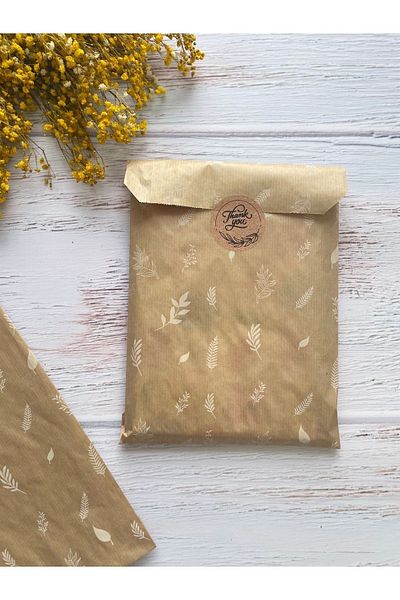 eylülün etiket fabrikası White Leaf Kraft Envelope Package - Gift Package - 11x20 cm. 10 units