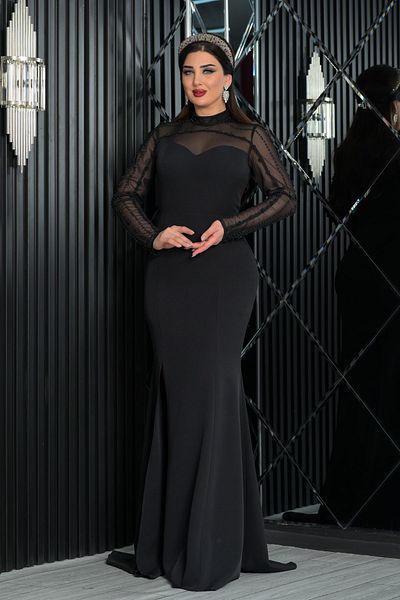 Matik Abiyem Imported Atlas Design Top with Pearl Accessories on Tulle and Slit Dress Evening Dress