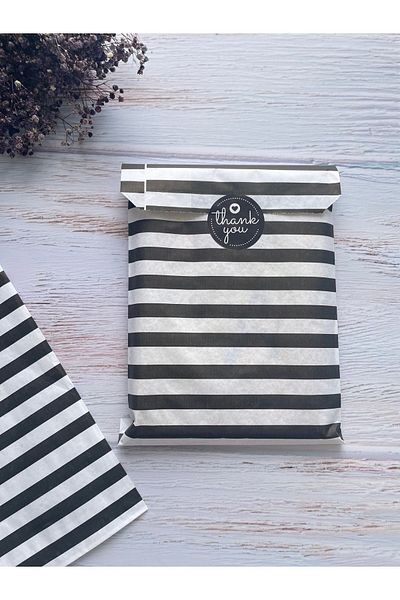 eylülün etiket fabrikası White Envelope Package - Black Plain Striped, 18x30 Cm.Gift Set - 10 Pieces