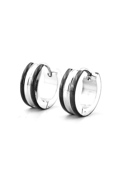 Solfera Men's Earrings - Silver Color, Sliver Black Line, 13mm Diameter Stainless Steel Hoop - ER103