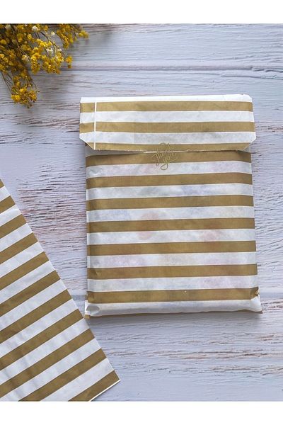 eylülün etiket fabrikası Gold Straight Striped White Envelope Package - Gift Package - 18x30 cm. 20 pieces