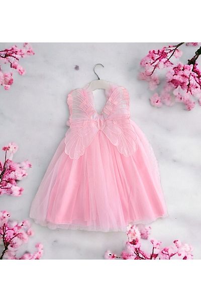 Şirin Şeyler Butiği Rochie pentru fete Fairy Butterfly cu bretele din tul Fluture Detaliată Zi specială Ziua Zilei Roz Zână