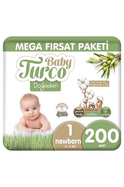 Baby Turco حزمة Doğadan Mega Opportunity حفاضات أطفال مقاس 1 لحديثي الولادة 200 قطعة