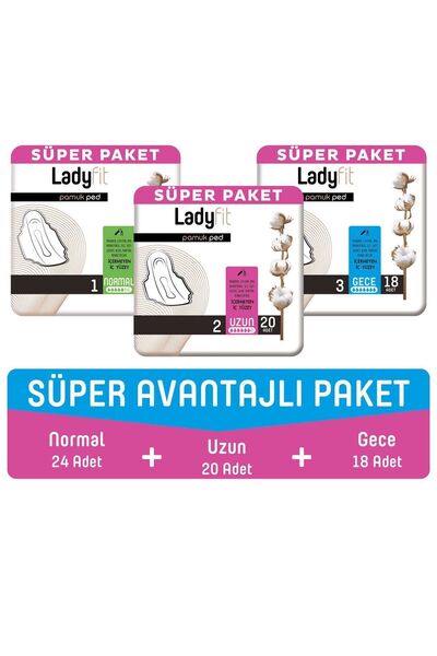 Lady Fit Ladyfit Pamuk Ped Süper Avantajlı Paket (normal 24 Adet + Uzun 20 Adet + Gece 18 Adet)