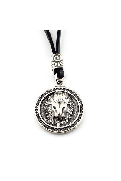 Solfera Men's Necklace - Embossed Lion Leon Horoscope Leather Metal Medallion Q0889