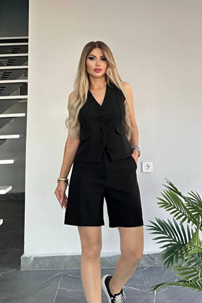 TANE TASARIM Kadın Yelekli Şortlu Takım Atlas Krep Esnek Kumaş Yazlık Yelekli...