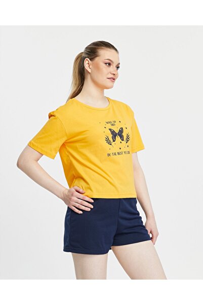 YHGTEKSTİL Σετ καλοκαιρινές πιτζάμες με εμπριμέ βαμβακερό σορτς για γυναίκα - κοντομάνικο