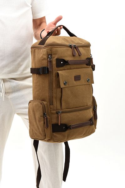 By Hakan eba-8831 Canvas Backpack - BEIGE Mountaineer Bag με τσάντα φορητού υπολογιστή, για κάμπινγκ και ταξίδια