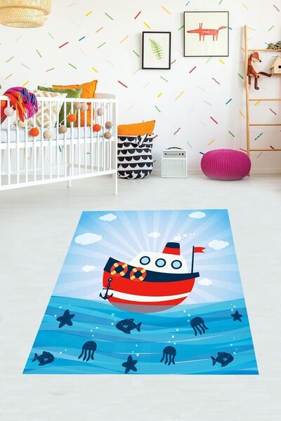 on the clouds Denizci Gemi Desenli Dijital Baskı Yıkanabilir Kaymaz Taban Çoc...