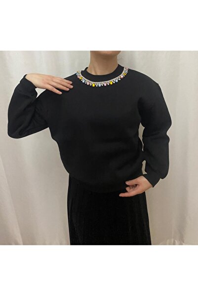 Mint Kadın 3İp Sıfıryaka Taşlı Boncuklu Kolye İşlemeli Sweat Siyah