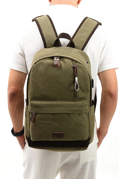 By Hakan Eba-6234 Canvas Backpack - Σχολική τσάντα για κάμπινγκ και ταξίδια με θήκη φορητού υπολογιστή KHAKI