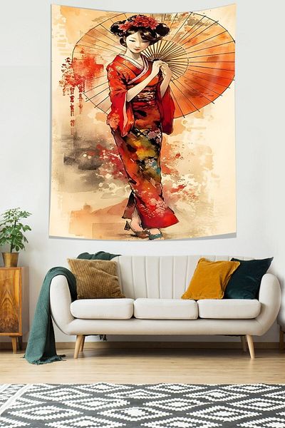 on the clouds Japanese Girl with Umbrella Stain Resistant Fabric Wall Cloth Wall Tapestry Tapestry