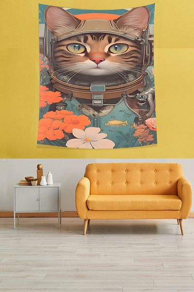 on the clouds Floral Astronaut Cat Αδιάβροχο υφασμάτινο κάλυμμα τοίχου Ταπετσαρία τοίχου