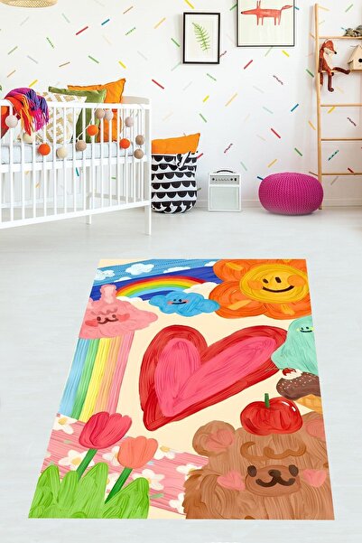 on the clouds Kalp Güneş Gökkuşağı Çiçek Lale Desenli Yıkanabilir Kaymaz Taba...