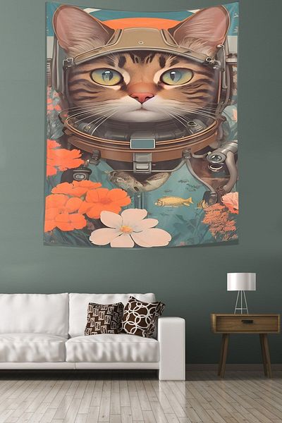 on the clouds Floral Astronaut Cat Αδιάβροχο υφασμάτινο κάλυμμα τοίχου Ταπετσαρία τοίχου