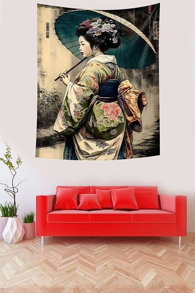 on the clouds Japanese Girl with Umbrella Stain Resistant Fabric Wall Cloth Wall Tapestry Tapestry
