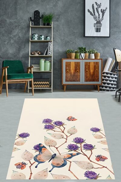 on the clouds Bej Zemin Kelebek Ve Çiçek Desenli Yıkanabilir Kaymaz Taban Lek...