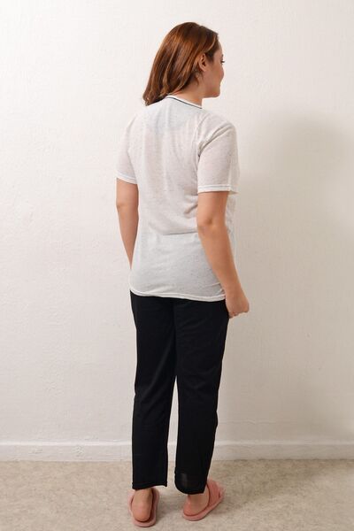 PİNKMARK Women's Ecru Black Embroidered Short Sleeve Plus Size Pajama Set Pmtk25512