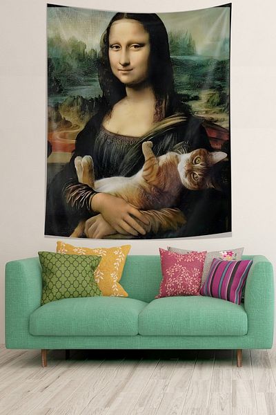 on the clouds Αστεία Mona Lisa And Cat Stain Resistant υφασμάτινο κάλυμμα τοίχου Ταπετσαρία τοίχου
