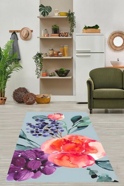 on the clouds Mavi Zemin Renkli Çiçek Desenli Modern Dekoratif Yıkanabilir Ka...